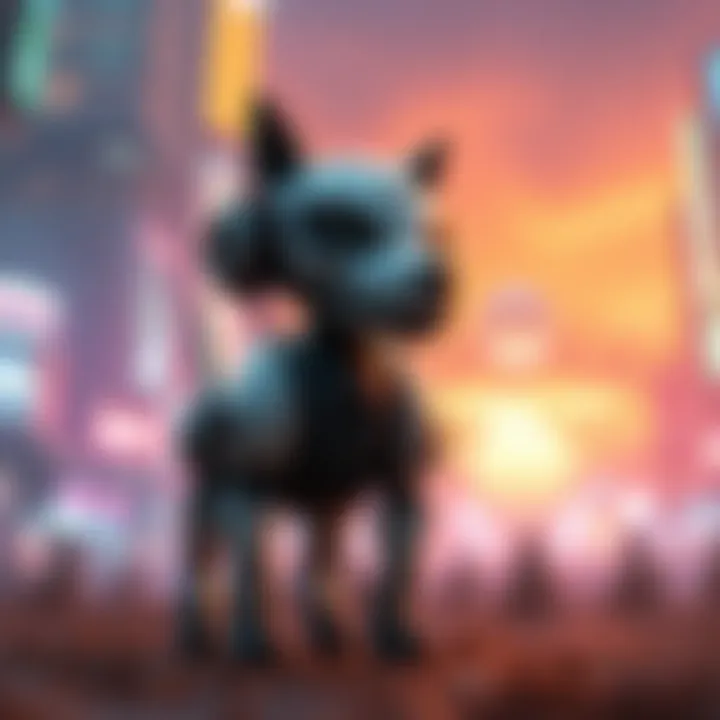 Robot dog in a gaming landscape A futuristic robot dog stands ready for combat in a vibrant gaming environment, capturing the attention of gamers.