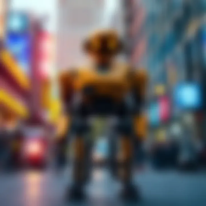 Robot in Downtown Game Encounter A repaired robot stands in the streets of Downtown, surrounded by surprised players after an unexpected attack.