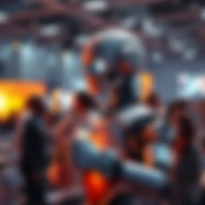 A robot holding a flashlight, surrounded by people discussing technology in a forum setting.