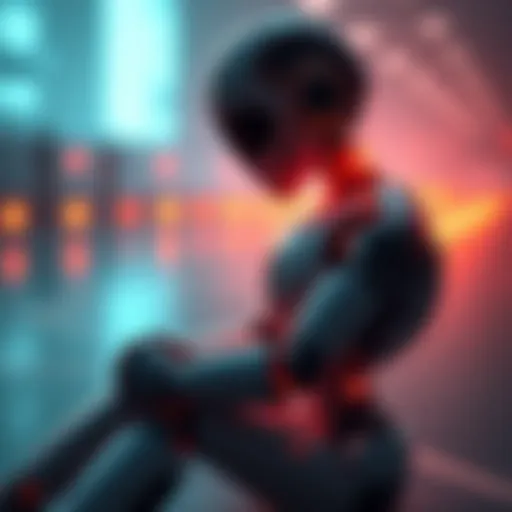 A robot sitting alone, looking contemplative while surrounded by a soft glow, symbolizing the search for happiness or illusion.