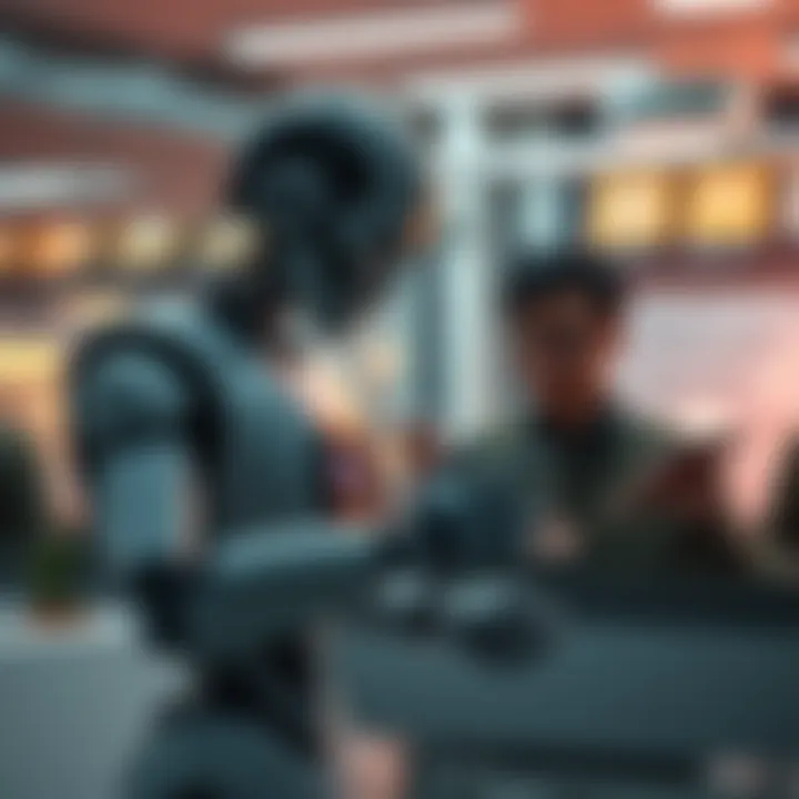 A robot and a human collaborating on a project in a modern workspace.