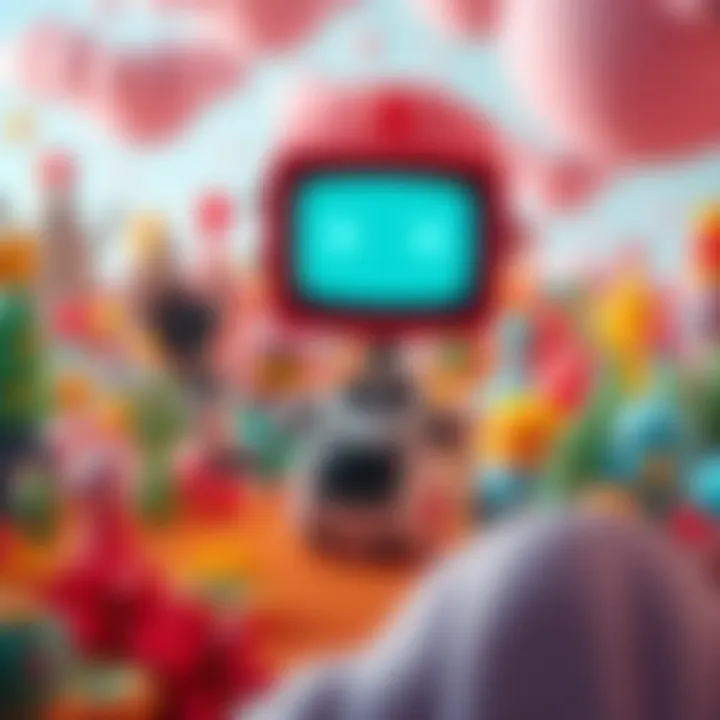 A robot character with a TV head exploring a bright and colorful 3D landscape filled with playful elements.