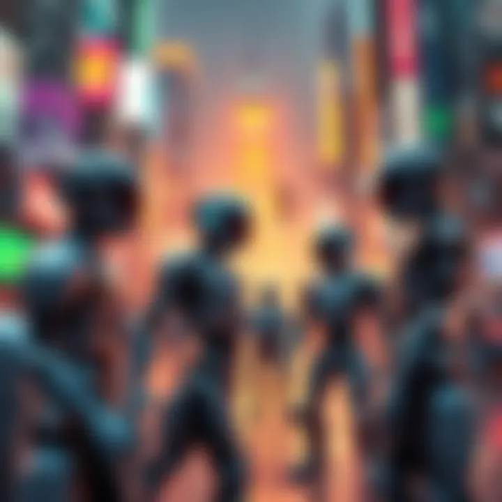 A group of robots interacting in a vibrant city setting, showcasing their role in contemporary narratives about technology and society.