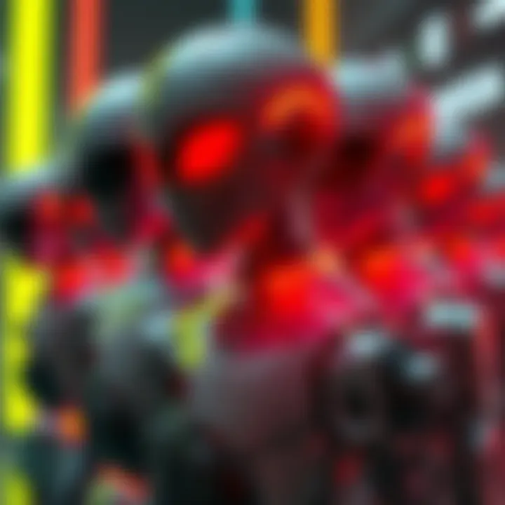 A group of robots with sleek, alien-inspired designs displaying a hive mind connection, highlighting their integration with technology and humanity.