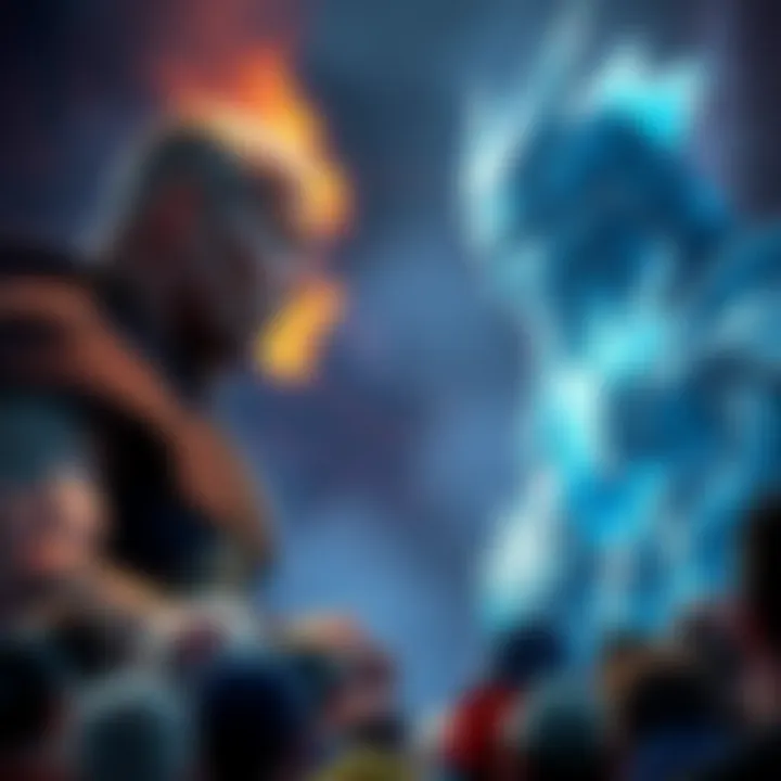 Rock and Ice King Showdown A dramatic scene depicting the Rock facing off against the Ice King, highlighting their contrasting styles, with a tense atmosphere and audience watching in anticipation.