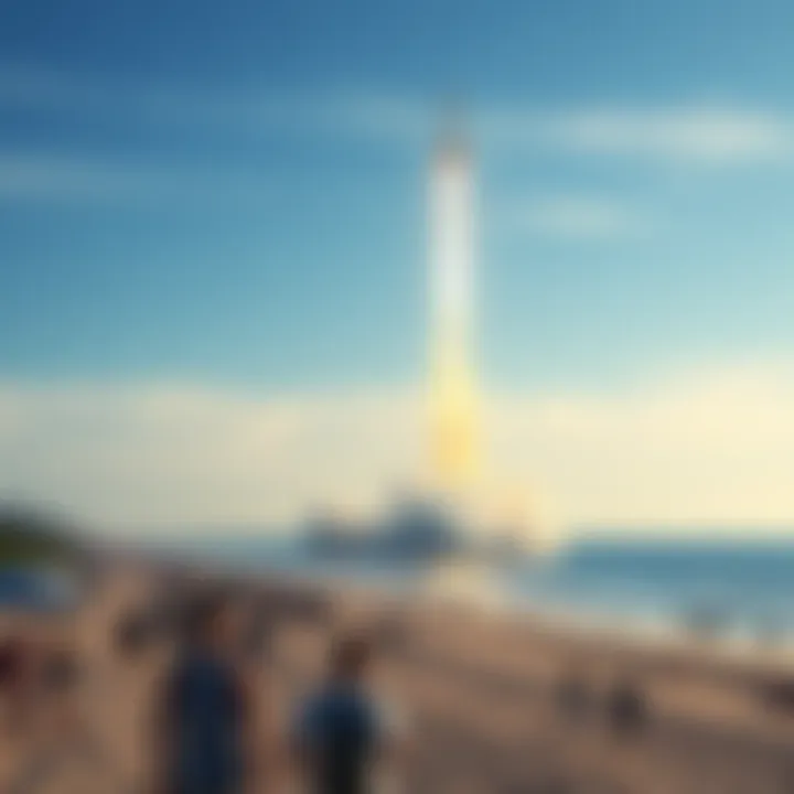 A rocket soaring into the sky above a crowded beach, with people looking up in awe.