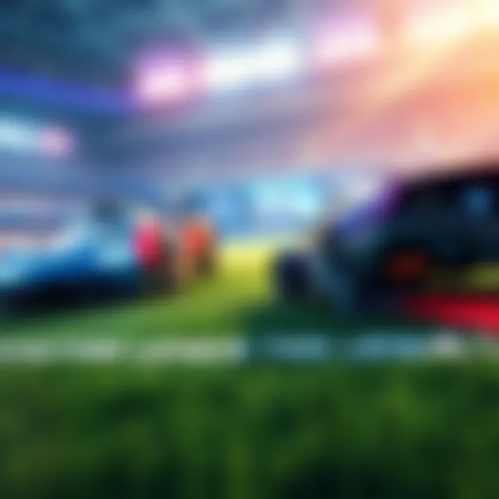 Two Rocket League cars competing in a 1v1 match on the field, showcasing skill and strategy.