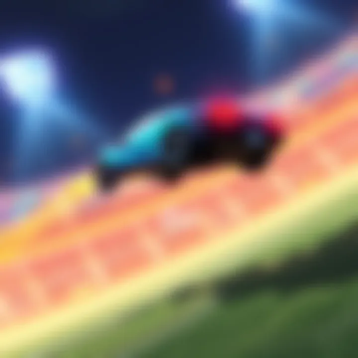 A player performing air roll maneuvers in Rocket League, showing directional control with a car in mid-air.