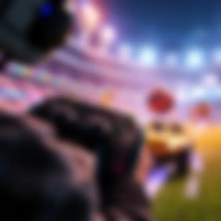 A player using a controller to play Rocket League, focusing on wall dashing techniques while racing a car on the field.