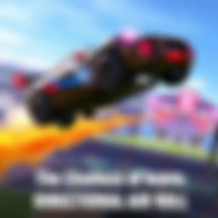 A Rocket League car executing a Directional Air Roll in mid-air during a match, showcasing the difficult aerial maneuver.