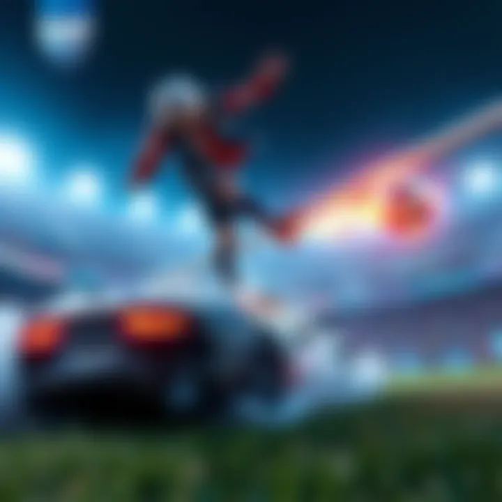 Rocket League Gameplay A top-level player in Rocket League performing a skillful aerial shot with a car, aiming for the goal during an intense match