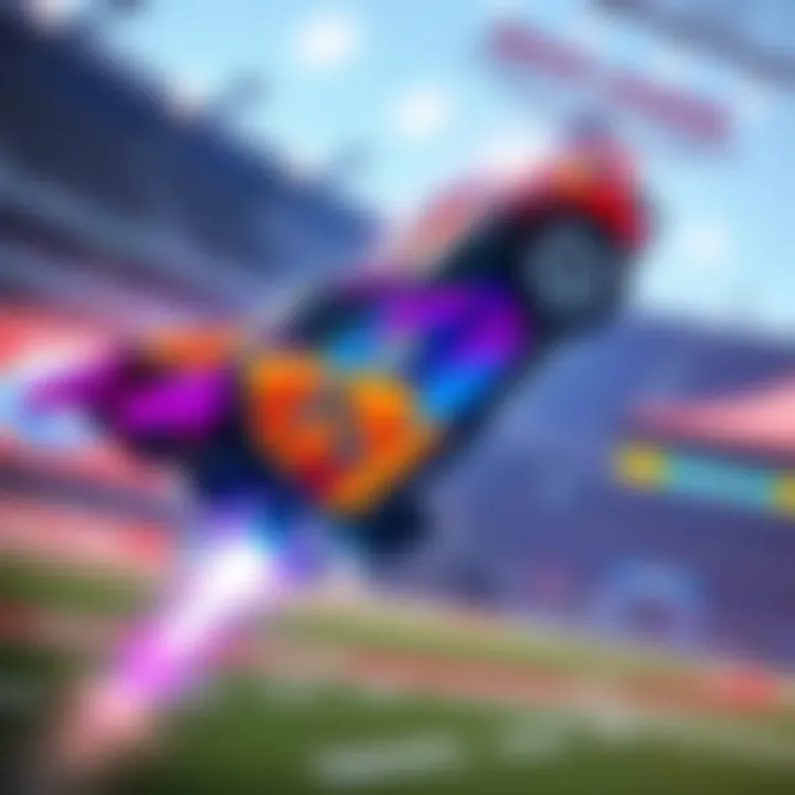 A colorful Rocket League car performing a flip in the air with new features highlighted in the background.