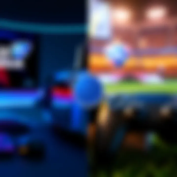 A split image showing Rocket League on a PC with keyboard and mouse on one side, and on a console with a controller on the other side, illustrating the choice for new players.
