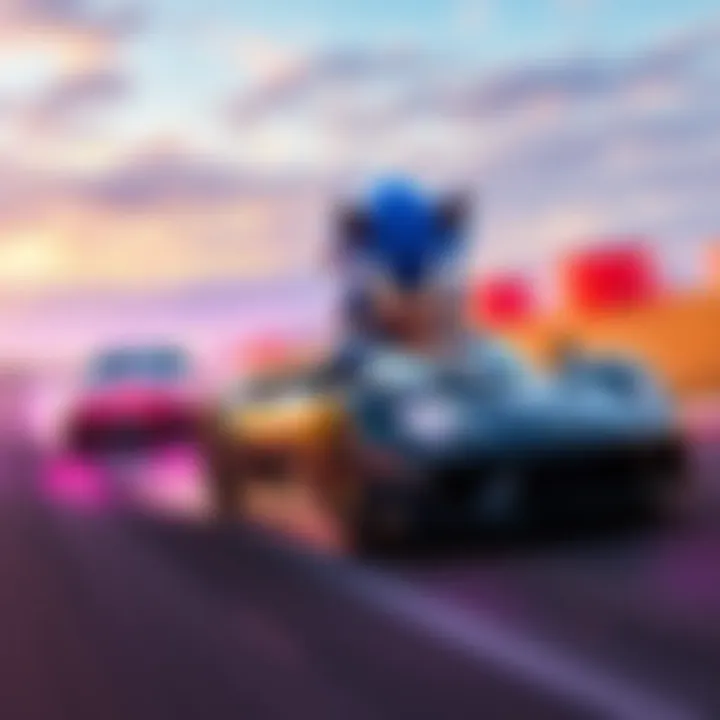 Rocket League car with Sonic the Hedgehog character racing on a track, featuring Porsche 918 Spyder in the background