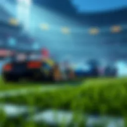 Rocket League Players Missing Teamwork Two Rocket League cars caught in a chaotic match, showcasing a lack of back post rotation and teamwork on the field