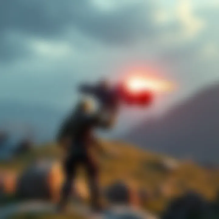 A player stands with a rocket launcher aimed at a distant target, showing the weapon's heavy build and design.