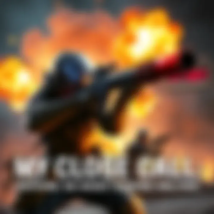 Character with Rocket Launcher in Intense Scene A gaming character aiming a Rocket Launcher in a tense moment, with explosions in the background and a countdown timer visible.