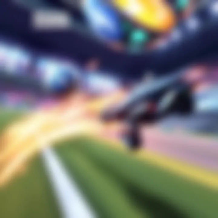 Rocket League aerial challenge A Rocket League player attempting to hit a ball in mid-air during a fast-paced game