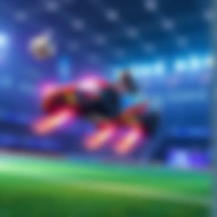 A Rocket League player performing an air dribble with a colorful car in mid-air, showcasing aerial skills during a competitive match