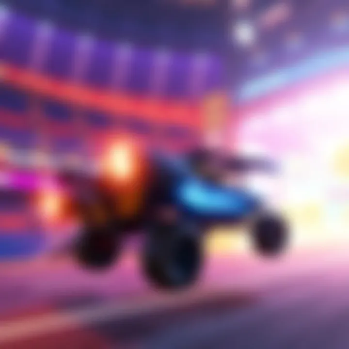 Rocket League Car Performing Air Roll A Rocket League car executing a Free Air Roll in mid-air with a vibrant arena background.