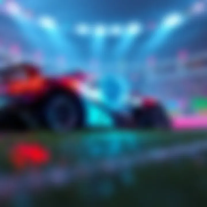 A Rocket League car on a digital field, representing fair play with a shield icon for anti-cheat protection.