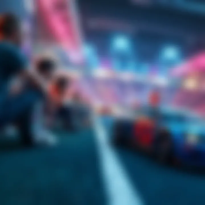 A group of Rocket League players enjoying a friendly game, with cars boosting and scoring goals in a vibrant arena.