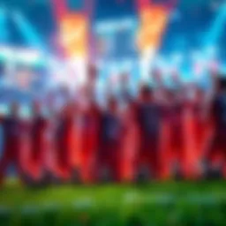 A Rocket League match showing players celebrating after a surprising comeback, with a scoreboard displaying a significant lead lost.