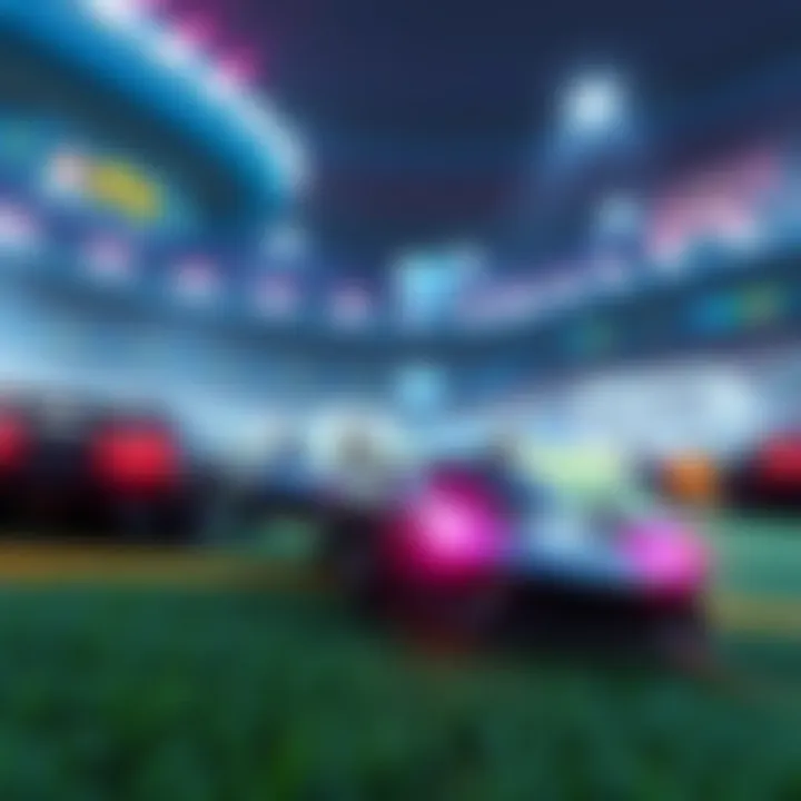 Concept art showing futuristic cars in a soccer-like arena, depicting competition and gaming excitement.