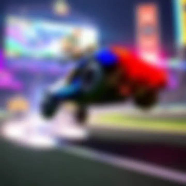 A Rocket League player demonstrating directional air roll technique while controlling a car in the air during a game