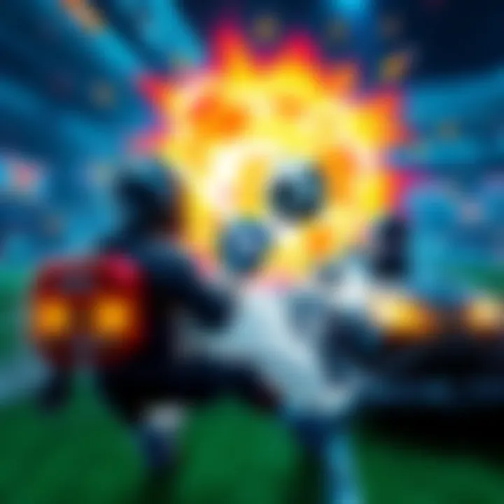 Players competing in an intense Rocket League match with cars hitting the ball into the goal