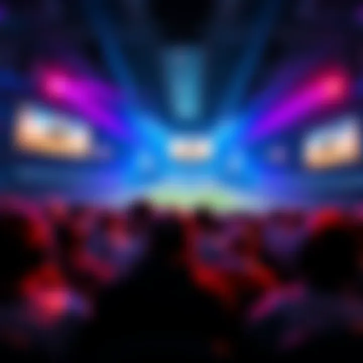 A crowd watching a Rocket League esports match with vibrant screens displaying gameplay highlights.