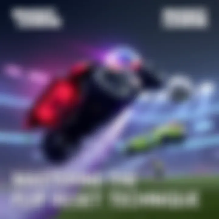 A player executing a flip reset in Rocket League, soaring in the air with a car collecting a boost and approaching a ball