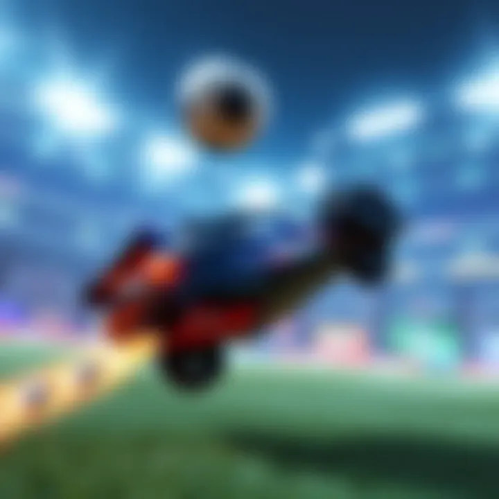 Rocket League Player Performing a Flip Reset A Rocket League car successfully executing a flip reset in mid-air during a match, with the ball hovering nearby.