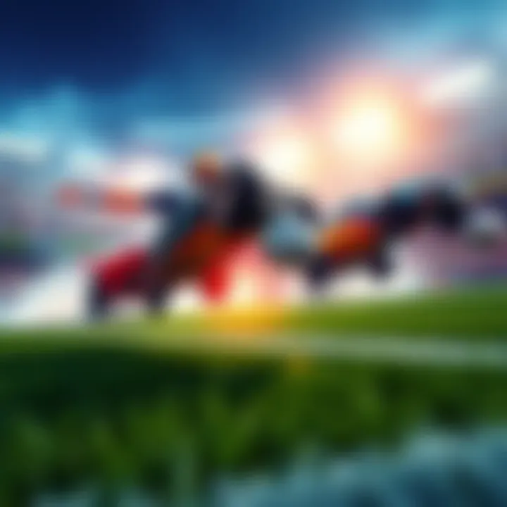 A competitive match in Rocket League showing cars hitting a soccer ball in a vibrant stadium