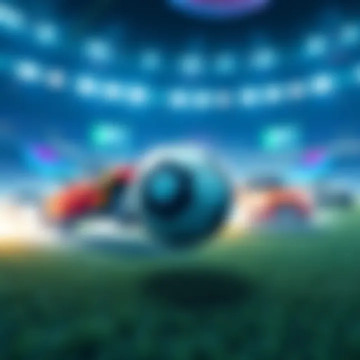 A competitive Rocket League match showing cars hitting a soccer ball in a colorful arena