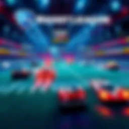 A Rocket League arena with cars in action during a ranked match