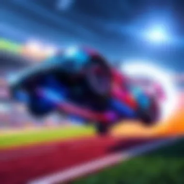 A Rocket League car performing a jump with a colorful backdrop showcasing new gameplay features in collaboration with SunlessKhan.