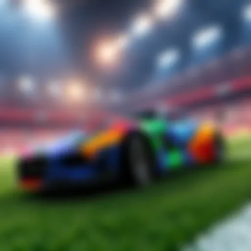 A colorful car in Rocket League scoring a goal in a soccer stadium with excited fans in the background