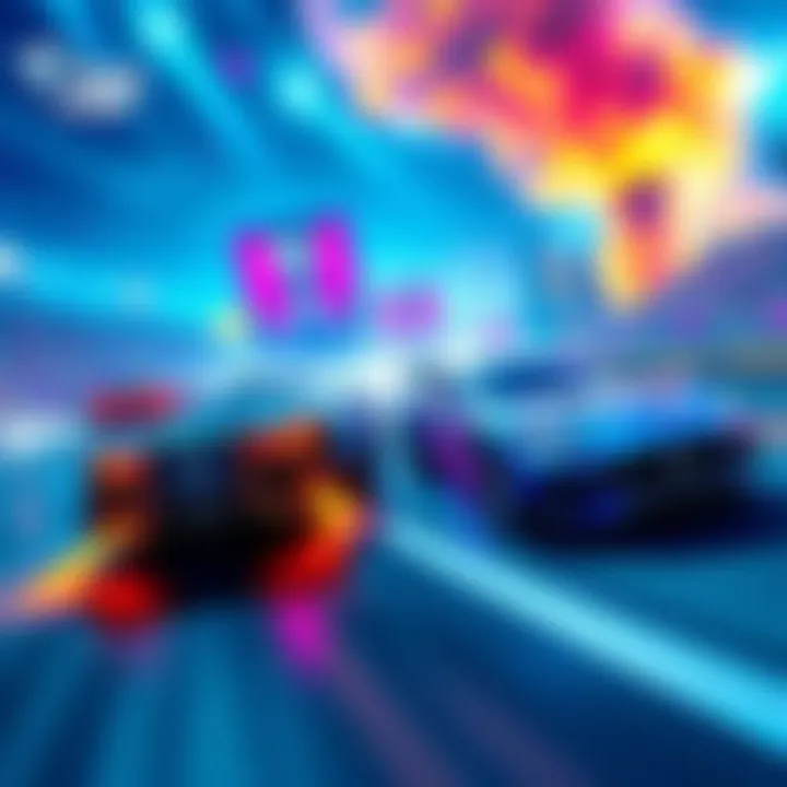 A dynamic scene featuring futuristic cars competing in a high-speed match, showcasing advanced graphics and vibrant colors, inspired by Rocket League.