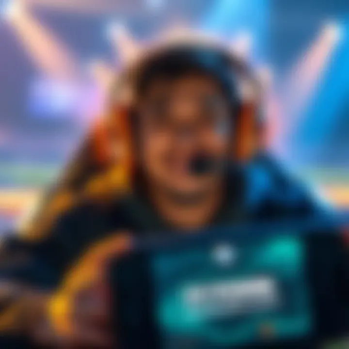 A Rocket League player wearing a headset, smiling while playing, with a glowing aura around them symbolizing strength and resilience against Solar Urticaria. The game screen shows the title 'UV Powere...