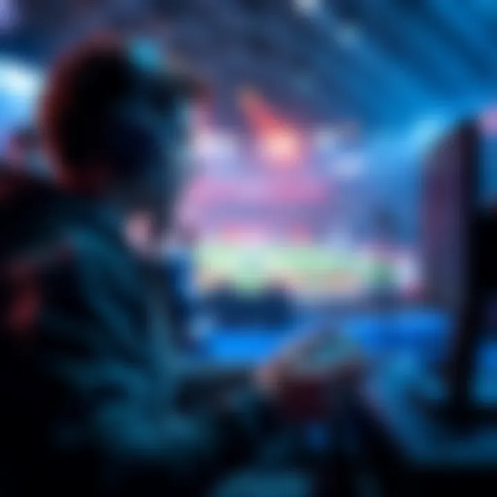 A Rocket League player in a gaming setup, focused on reaching Grand Champion rank, with a controller in hand and gameplay on screen