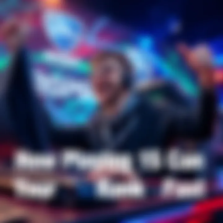 A Rocket League player celebrating a rank increase, showing joy and excitement, with a gaming setup in the background.