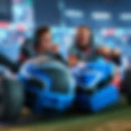 Two Rocket League cars collide, one player visibly frustrated while the other laughs, showing mixed reactions to the bump during a competitive match.