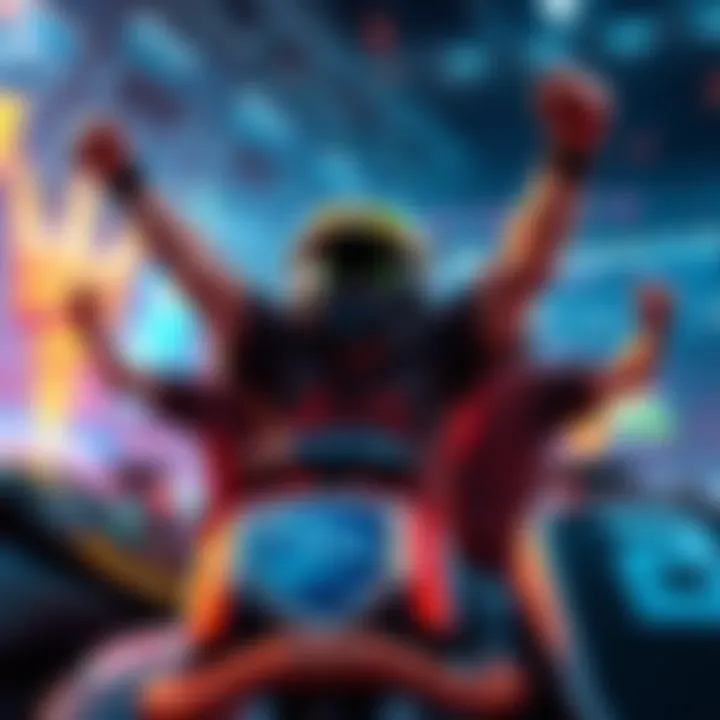 A Rocket League player celebrates with teammates after winning a match and earning Grand Champion rewards, showing joy and excitement in a colorful gaming environment