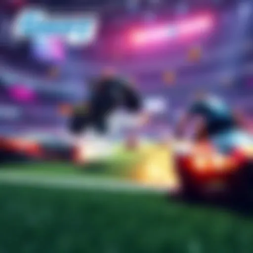A dynamic scene of Rocket League players in action, showcasing cars performing stunts and scoring goals in an esports arena