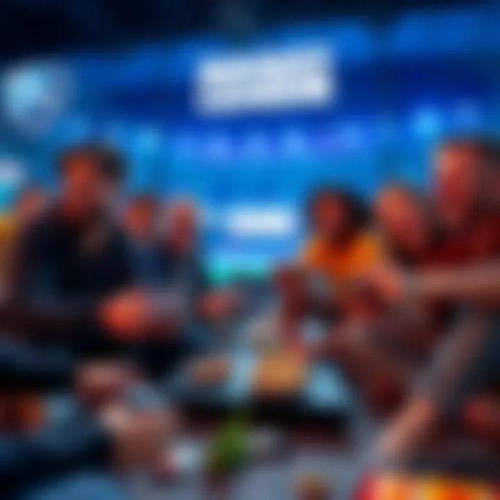 Playing Rocket League with friends A group of friends playing Rocket League on a gaming console, surrounded by snacks and cannabis items, showing excitement and engagement.