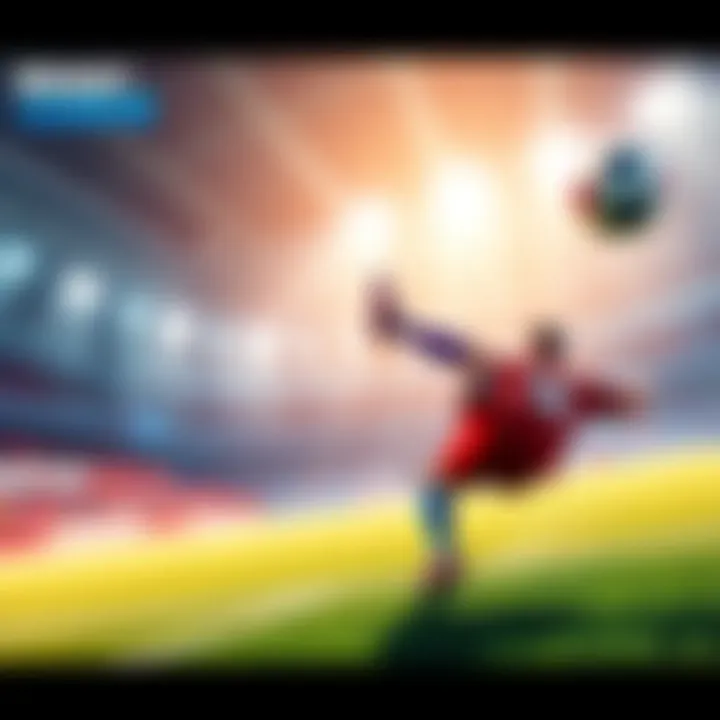 A player executing a powerful shot in Rocket League, with a vibrant stadium background and a flying soccer ball.