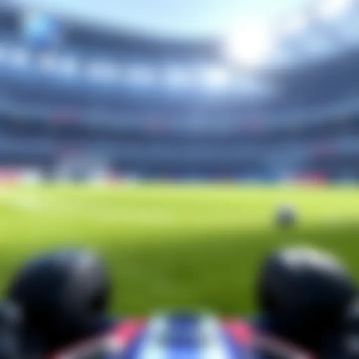 A comparison of Rocket League gameplay showing camera settings on PS5 with a blurred background of a soccer field.