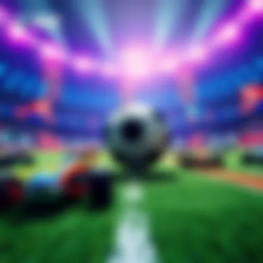 A vibrant scene showcasing Rocket League cars racing on a colorful arena with a soccer ball in the center, highlighting the excitement of the game's return to Steam.