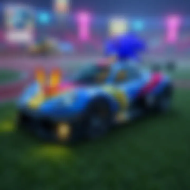 A Rocket League car with Sonic the Hedgehog themed decorations, showcasing vibrant colors and designs inspired by the iconic character.